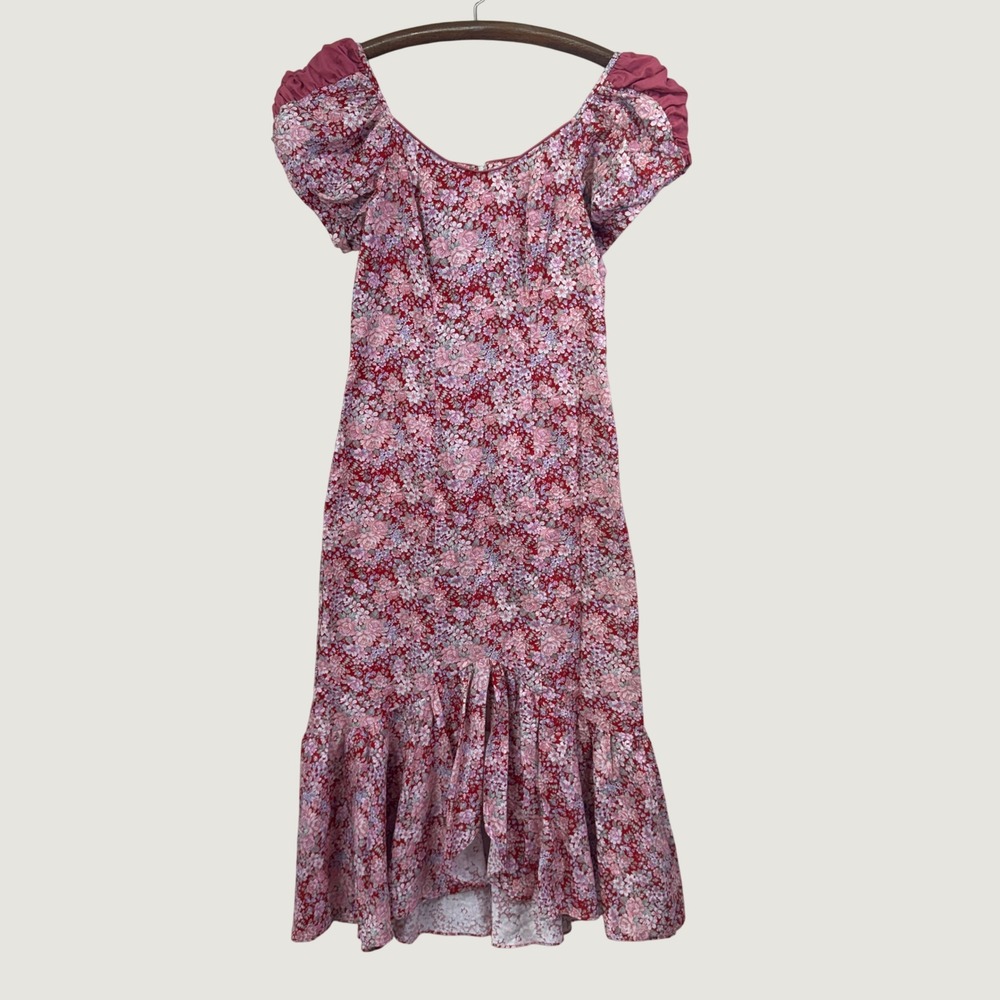 Naupaka Hawaii Floral Puff Sleeve Midi Dress 5 Red Pink Cottagecore Vintage